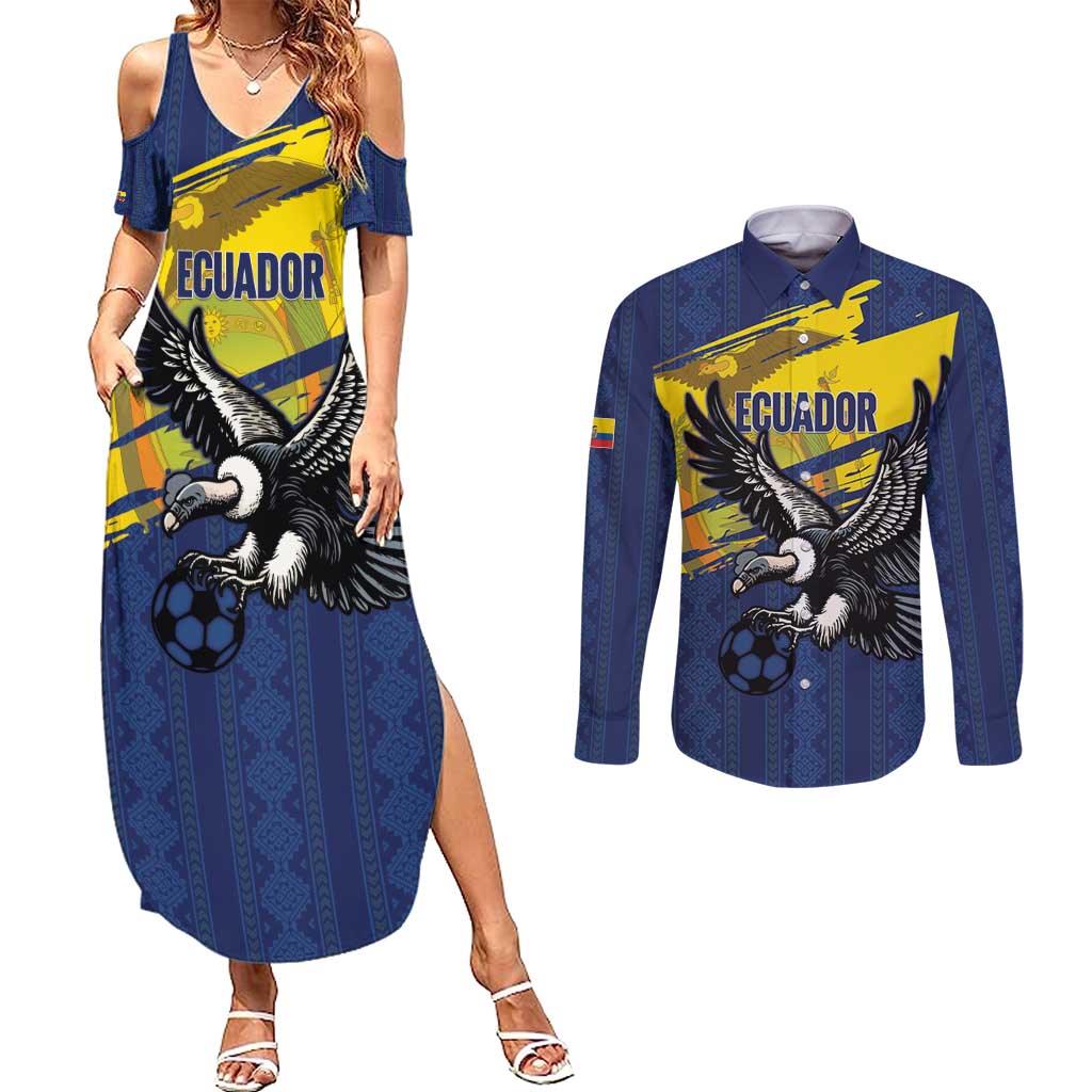Ecuador Football Custom Couples Matching Summer Maxi Dress and Long Sleeve Button Shirt 2026 Vamos La Tri Blue South America Pattern - Wonder Print Shop