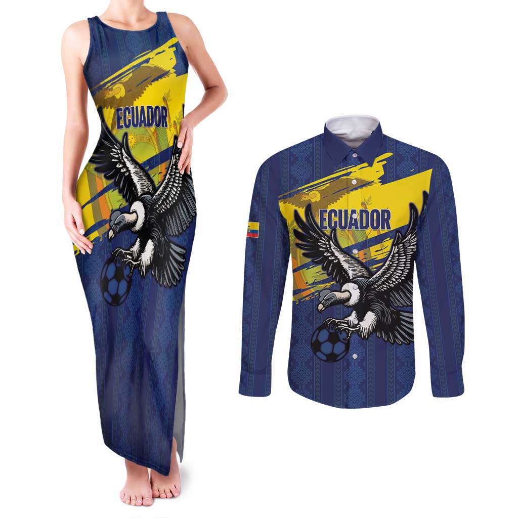 Ecuador Football Custom Couples Matching Tank Maxi Dress and Long Sleeve Button Shirt 2026 Vamos La Tri Blue South America Pattern - Wonder Print Shop
