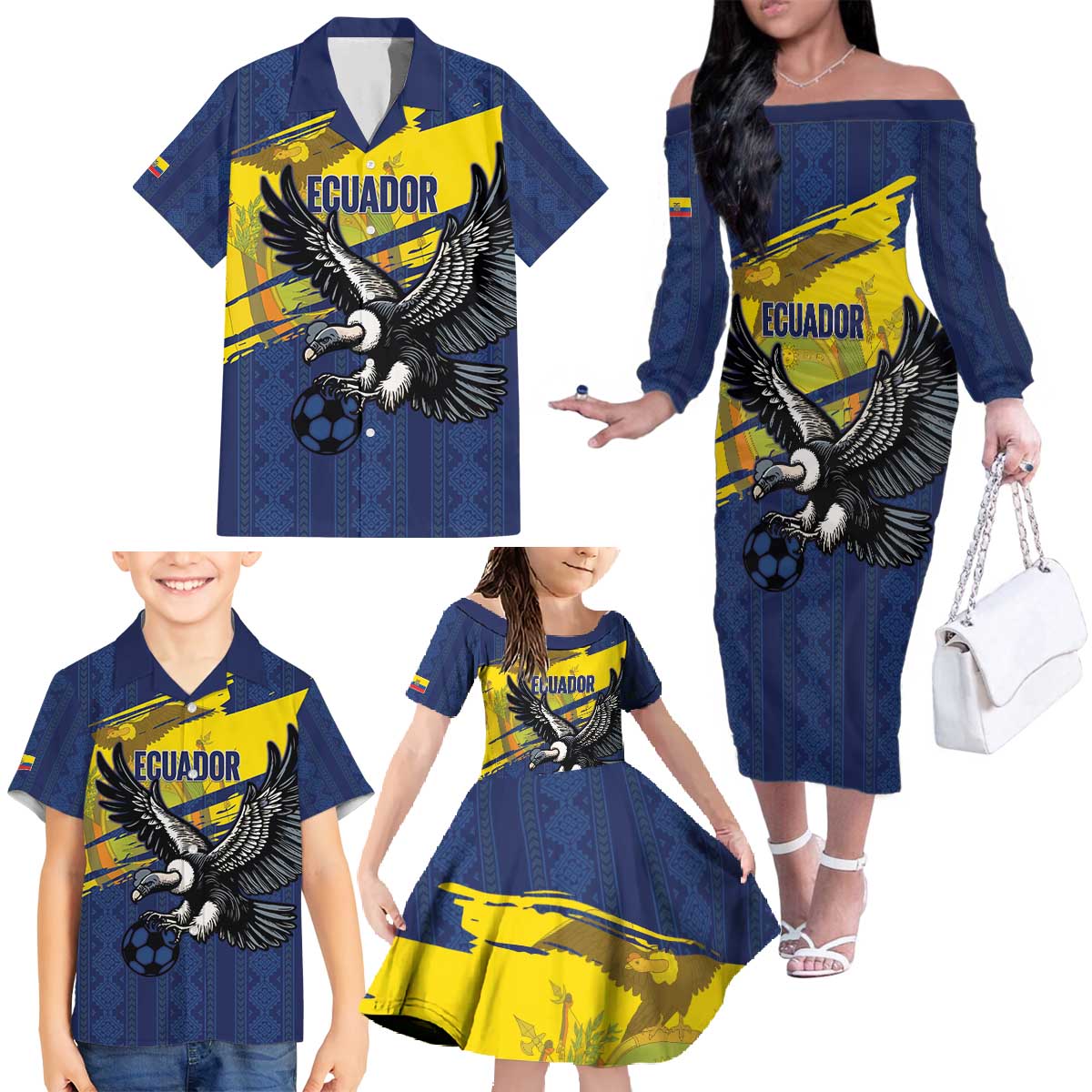 Ecuador Football Custom Family Matching Off The Shoulder Long Sleeve Dress and Hawaiian Shirt 2026 Vamos La Tri Blue South America Pattern - Wonder Print Shop