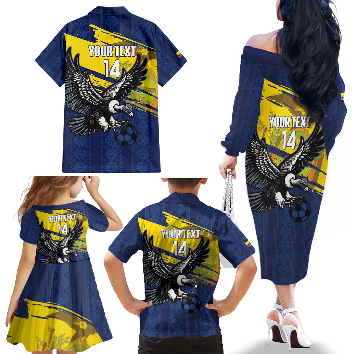 Ecuador Football Custom Family Matching Off The Shoulder Long Sleeve Dress and Hawaiian Shirt 2026 Vamos La Tri Blue South America Pattern - Wonder Print Shop