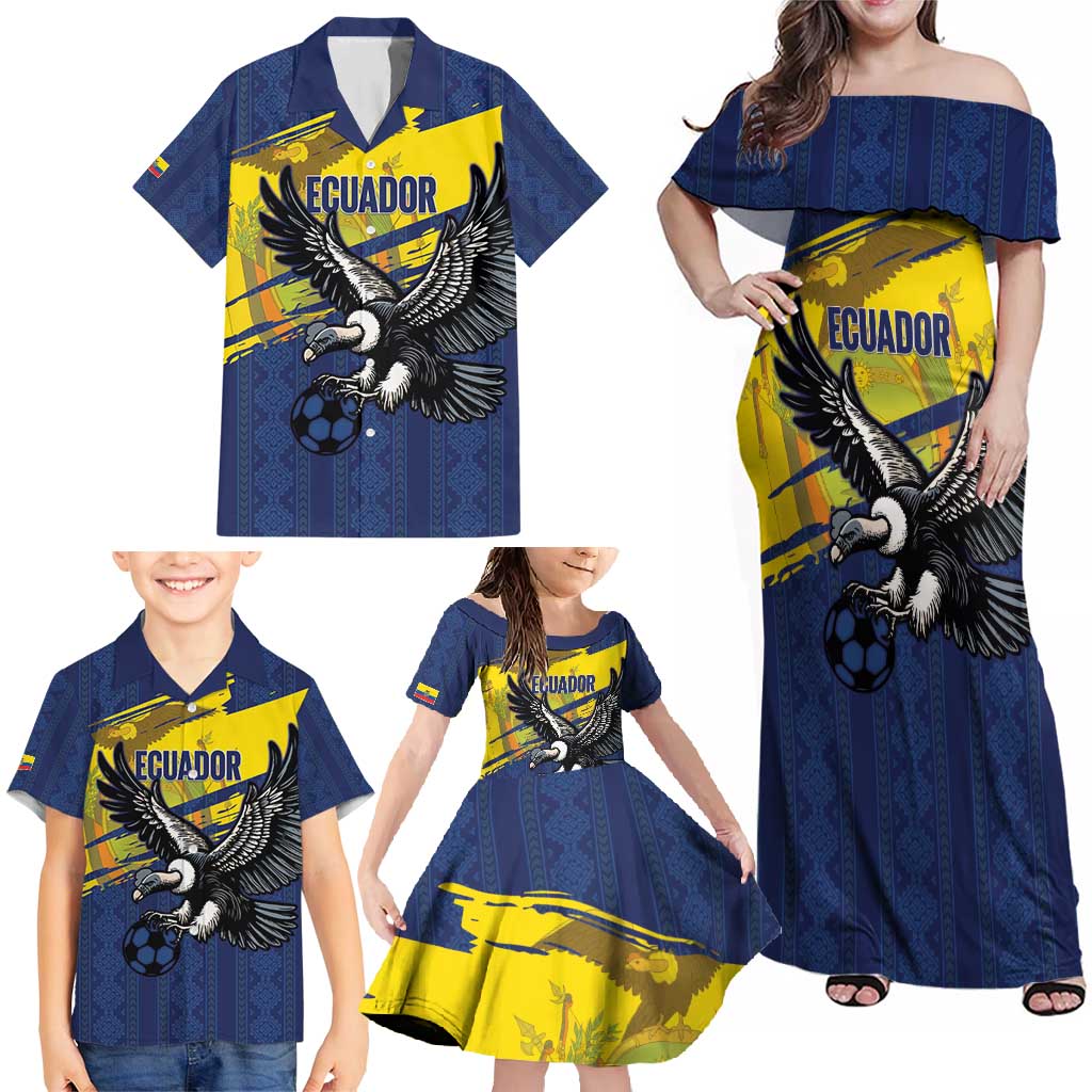 Ecuador Football Custom Family Matching Off Shoulder Maxi Dress and Hawaiian Shirt 2026 Vamos La Tri Blue South America Pattern - Wonder Print Shop