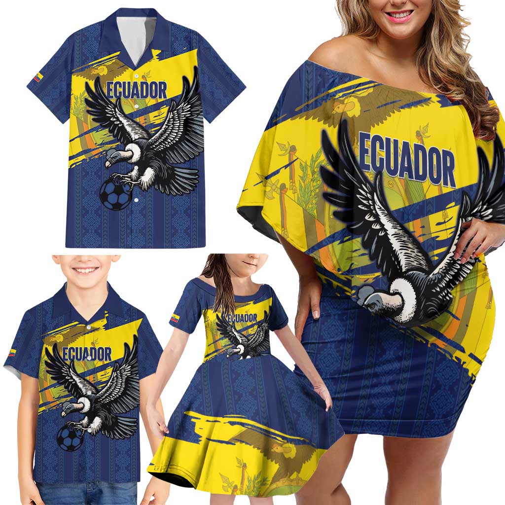 Ecuador Football Custom Family Matching Off Shoulder Short Dress and Hawaiian Shirt 2026 Vamos La Tri Blue South America Pattern - Wonder Print Shop