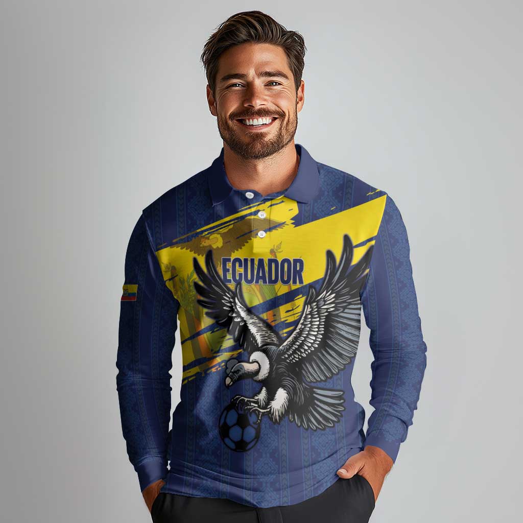 Ecuador Football Custom Long Sleeve Polo Shirt 2026 Vamos La Tri Blue South America Pattern - Wonder Print Shop