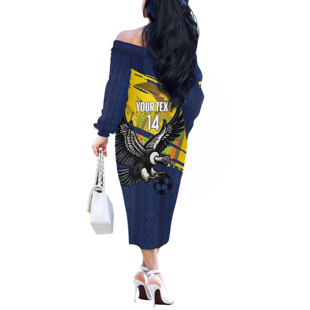 Ecuador Football Custom Off The Shoulder Long Sleeve Dress 2026 Vamos La Tri Blue South America Pattern - Wonder Print Shop