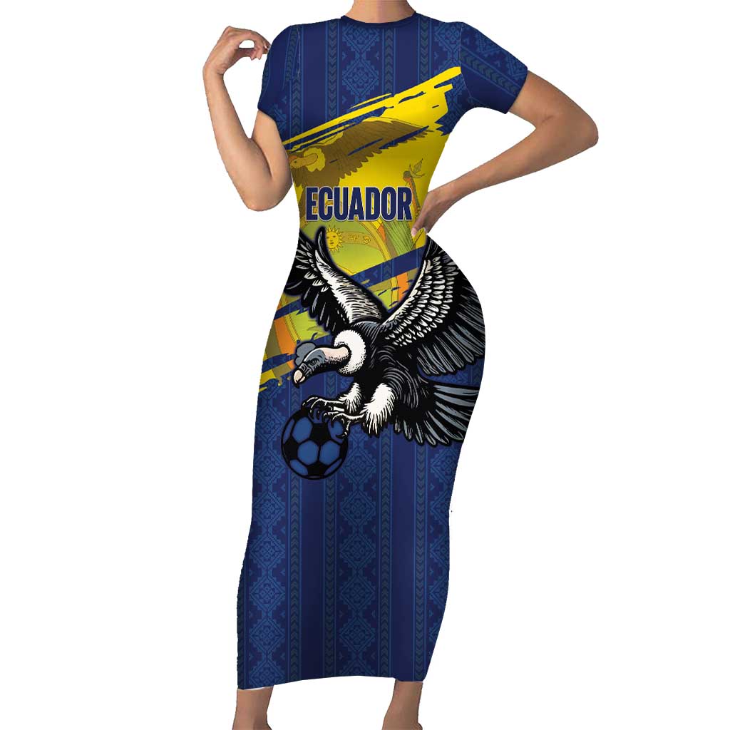 Ecuador Football Custom Short Sleeve Bodycon Dress 2026 Vamos La Tri Blue South America Pattern - Wonder Print Shop