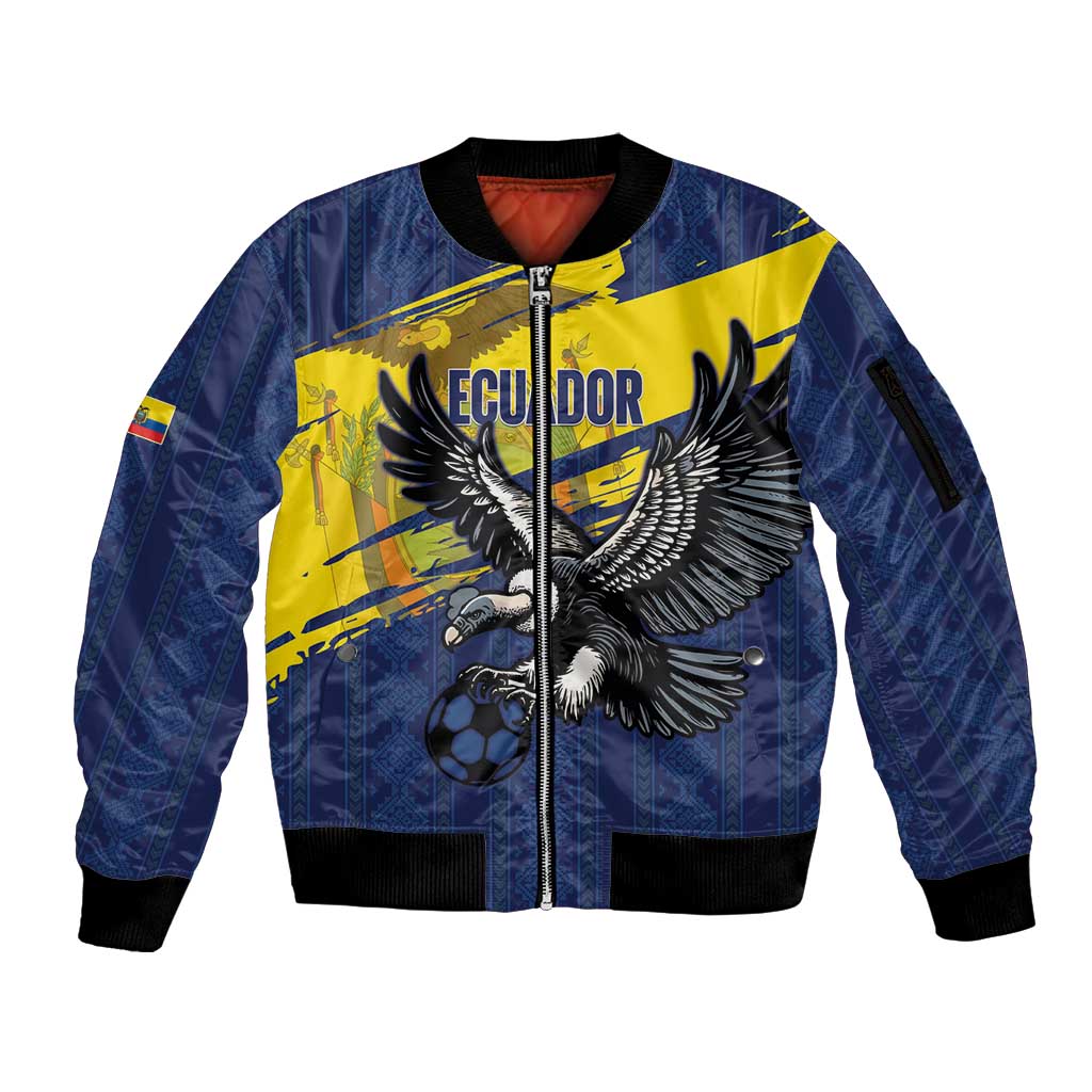 Ecuador Football Custom Sleeve Zip Bomber Jacket 2026 Vamos La Tri Blue South America Pattern - Wonder Print Shop