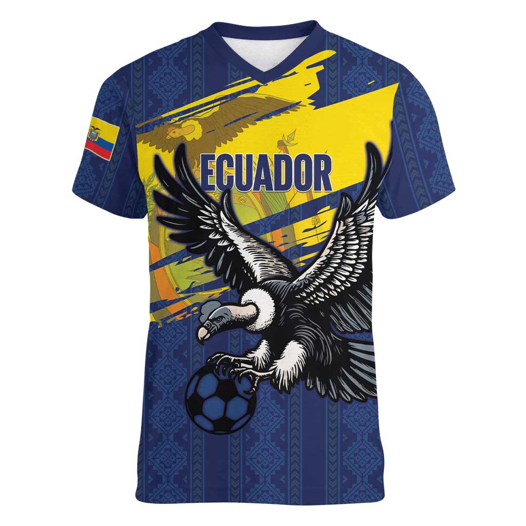 Ecuador Football Custom Women V-Neck T-Shirt 2026 Vamos La Tri Blue South America Pattern - Wonder Print Shop