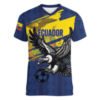 Ecuador Football Custom Women V-Neck T-Shirt 2026 Vamos La Tri Blue South America Pattern - Wonder Print Shop