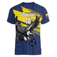Ecuador Football Custom Women V-Neck T-Shirt 2026 Vamos La Tri Blue South America Pattern - Wonder Print Shop