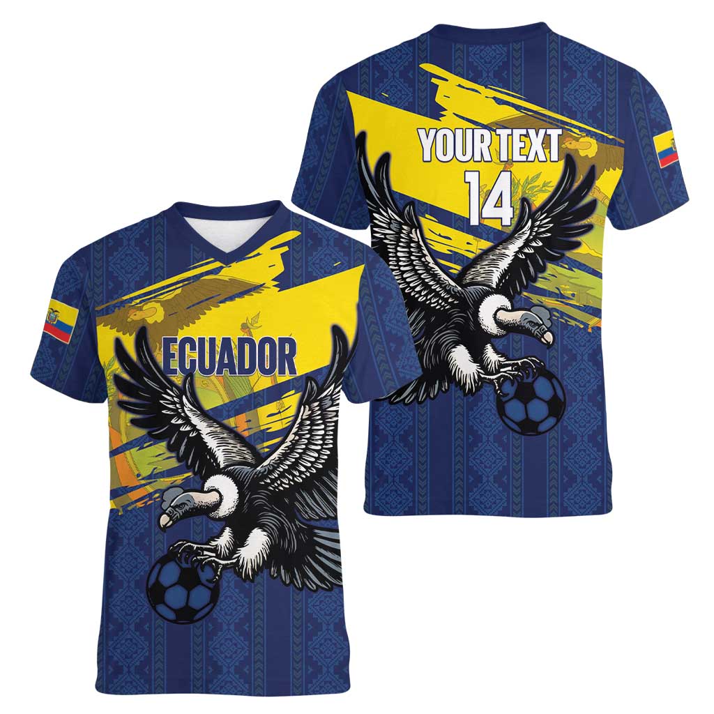 Ecuador Football Custom Women V-Neck T-Shirt 2026 Vamos La Tri Blue South America Pattern - Wonder Print Shop