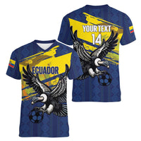 Ecuador Football Custom Women V-Neck T-Shirt 2026 Vamos La Tri Blue South America Pattern - Wonder Print Shop