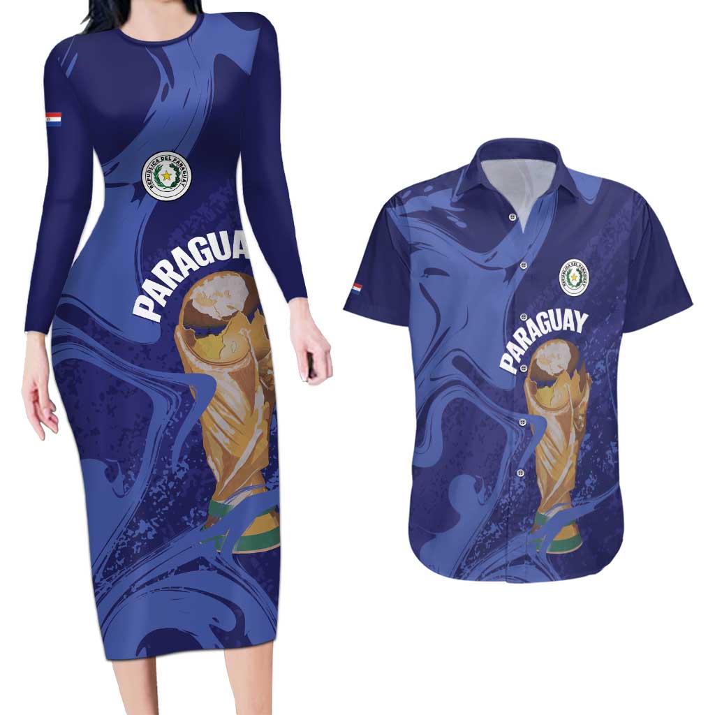 Paraguay Football Custom Couples Matching Long Sleeve Bodycon Dress and Hawaiian Shirt 2026 La Albirroja Marble Pattern - Wonder Print Shop