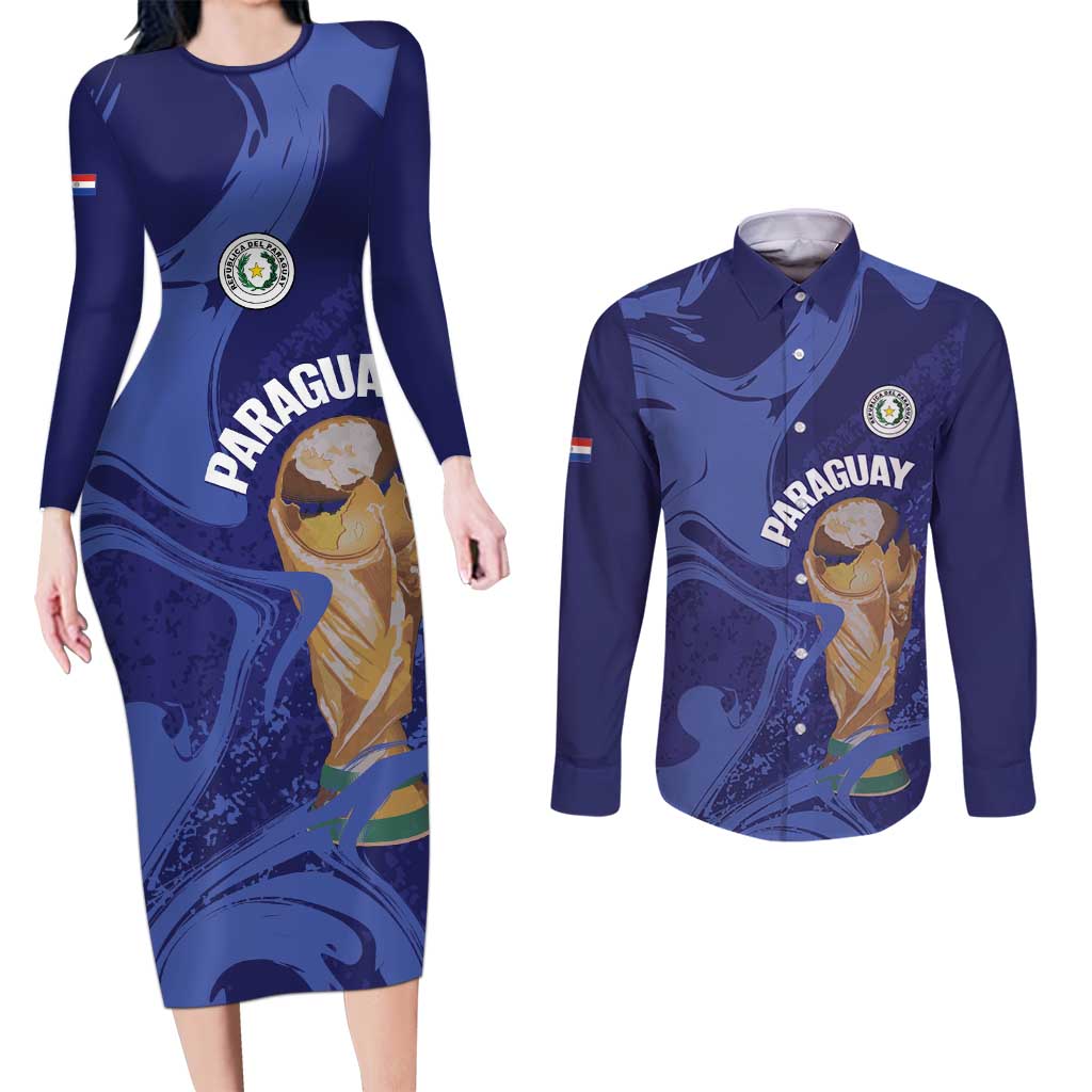 Paraguay Football Custom Couples Matching Long Sleeve Bodycon Dress and Long Sleeve Button Shirt 2026 La Albirroja Marble Pattern - Wonder Print Shop