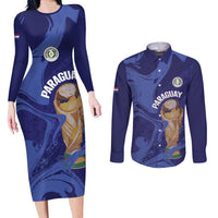 Paraguay Football Custom Couples Matching Long Sleeve Bodycon Dress and Long Sleeve Button Shirt 2026 La Albirroja Marble Pattern - Wonder Print Shop