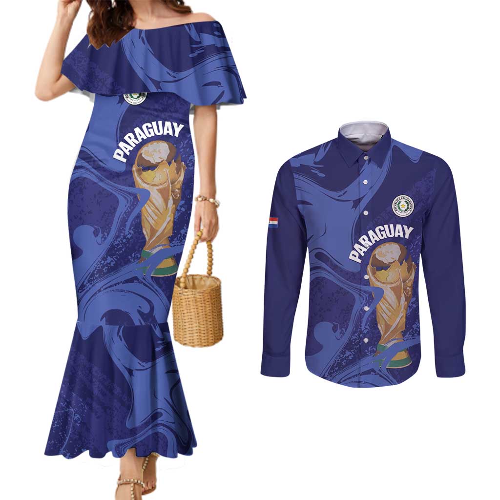 Paraguay Football Custom Couples Matching Mermaid Dress and Long Sleeve Button Shirt 2026 La Albirroja Marble Pattern - Wonder Print Shop