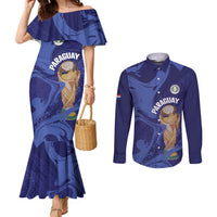 Paraguay Football Custom Couples Matching Mermaid Dress and Long Sleeve Button Shirt 2026 La Albirroja Marble Pattern - Wonder Print Shop