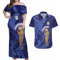 Paraguay Football Custom Couples Matching Off Shoulder Maxi Dress and Hawaiian Shirt 2026 La Albirroja Marble Pattern - Wonder Print Shop
