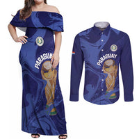 Paraguay Football Custom Couples Matching Off Shoulder Maxi Dress and Long Sleeve Button Shirt 2026 La Albirroja Marble Pattern - Wonder Print Shop