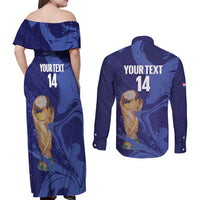Paraguay Football Custom Couples Matching Off Shoulder Maxi Dress and Long Sleeve Button Shirt 2026 La Albirroja Marble Pattern - Wonder Print Shop