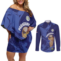 Paraguay Football Custom Couples Matching Off Shoulder Short Dress and Long Sleeve Button Shirt 2026 La Albirroja Marble Pattern - Wonder Print Shop