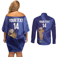 Paraguay Football Custom Couples Matching Off Shoulder Short Dress and Long Sleeve Button Shirt 2026 La Albirroja Marble Pattern - Wonder Print Shop