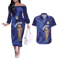 Paraguay Football Custom Couples Matching Off The Shoulder Long Sleeve Dress and Hawaiian Shirt 2026 La Albirroja Marble Pattern - Wonder Print Shop