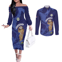 Paraguay Football Custom Couples Matching Off The Shoulder Long Sleeve Dress and Long Sleeve Button Shirt 2026 La Albirroja Marble Pattern - Wonder Print Shop