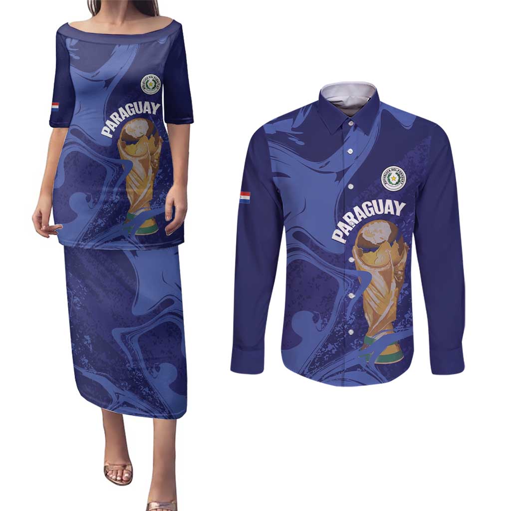 Paraguay Football Custom Couples Matching Puletasi and Long Sleeve Button Shirt 2026 La Albirroja Marble Pattern - Wonder Print Shop