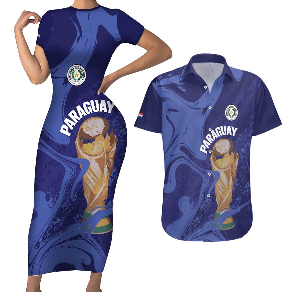 Paraguay Football Custom Couples Matching Short Sleeve Bodycon Dress and Hawaiian Shirt 2026 La Albirroja Marble Pattern - Wonder Print Shop