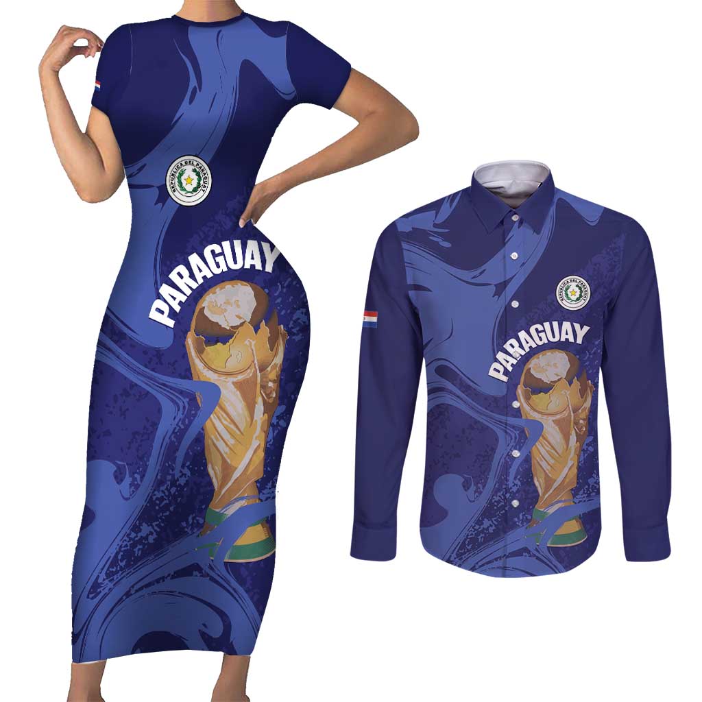 Paraguay Football Custom Couples Matching Short Sleeve Bodycon Dress and Long Sleeve Button Shirt 2026 La Albirroja Marble Pattern - Wonder Print Shop