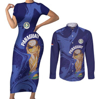 Paraguay Football Custom Couples Matching Short Sleeve Bodycon Dress and Long Sleeve Button Shirt 2026 La Albirroja Marble Pattern - Wonder Print Shop