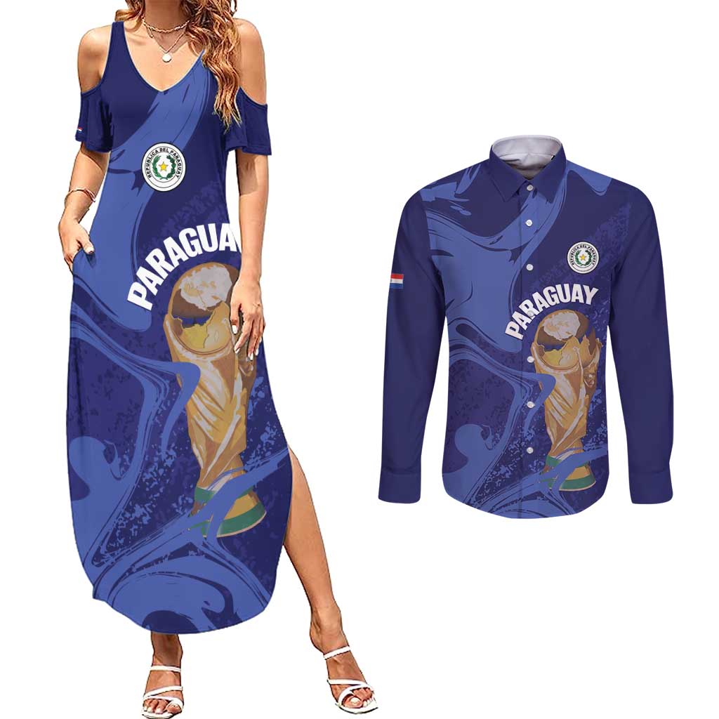 Paraguay Football Custom Couples Matching Summer Maxi Dress and Long Sleeve Button Shirt 2026 La Albirroja Marble Pattern - Wonder Print Shop
