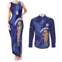 Paraguay Football Custom Couples Matching Tank Maxi Dress and Long Sleeve Button Shirt 2026 La Albirroja Marble Pattern - Wonder Print Shop