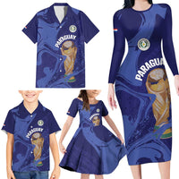 Paraguay Football Custom Family Matching Long Sleeve Bodycon Dress and Hawaiian Shirt 2026 La Albirroja Marble Pattern - Wonder Print Shop