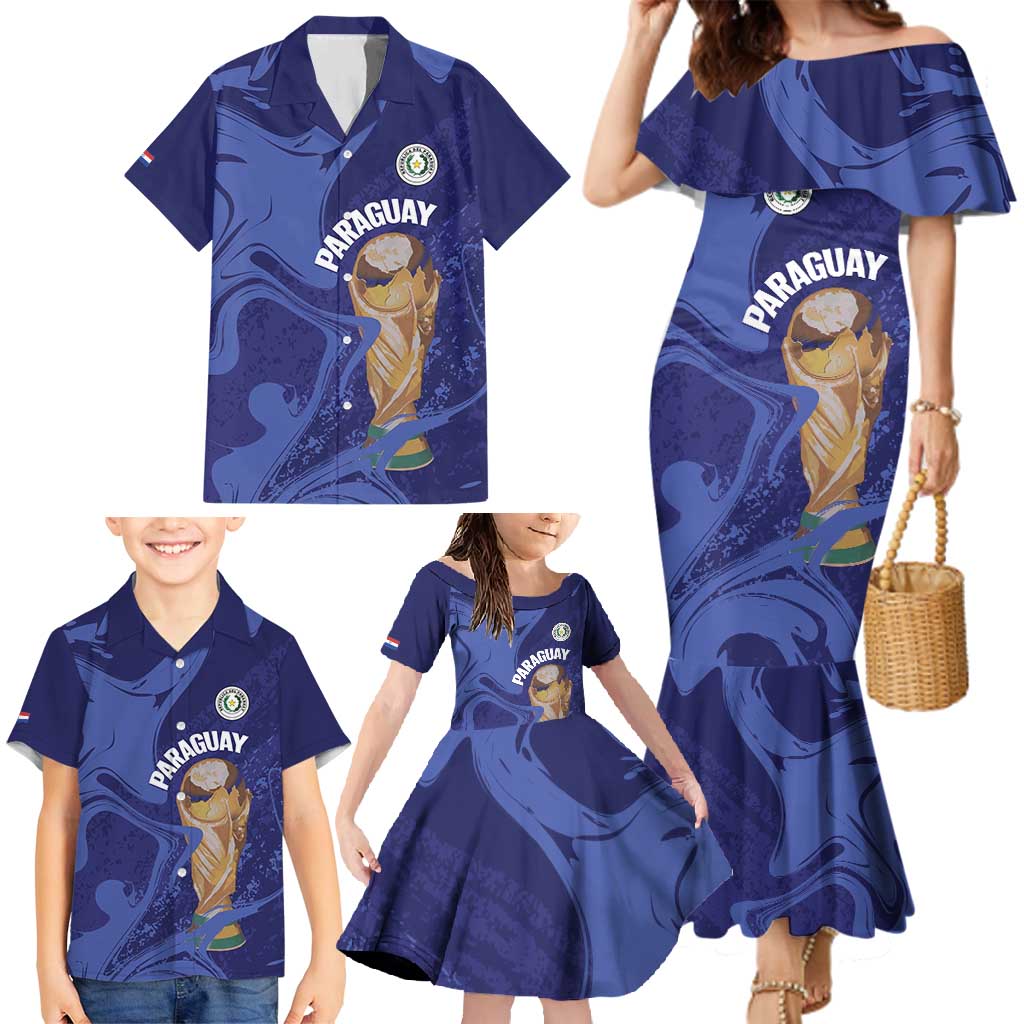Paraguay Football Custom Family Matching Mermaid Dress and Hawaiian Shirt 2026 La Albirroja Marble Pattern - Wonder Print Shop