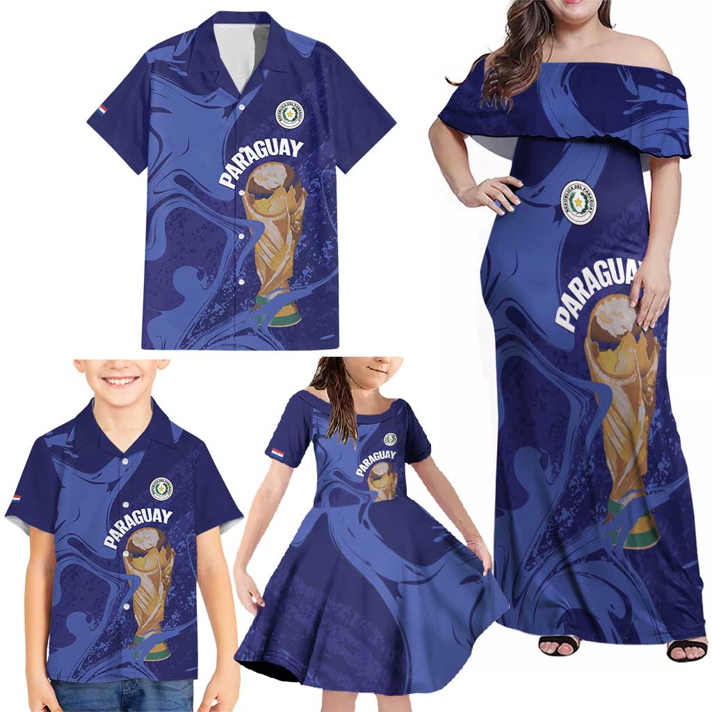Paraguay Football Custom Family Matching Off Shoulder Maxi Dress and Hawaiian Shirt 2026 La Albirroja Marble Pattern - Wonder Print Shop