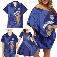 Paraguay Football Custom Family Matching Off Shoulder Short Dress and Hawaiian Shirt 2026 La Albirroja Marble Pattern - Wonder Print Shop