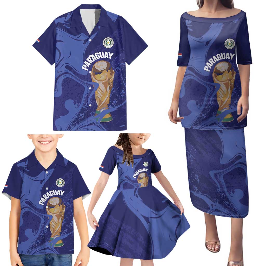 Paraguay Football Custom Family Matching Puletasi and Hawaiian Shirt 2026 La Albirroja Marble Pattern - Wonder Print Shop
