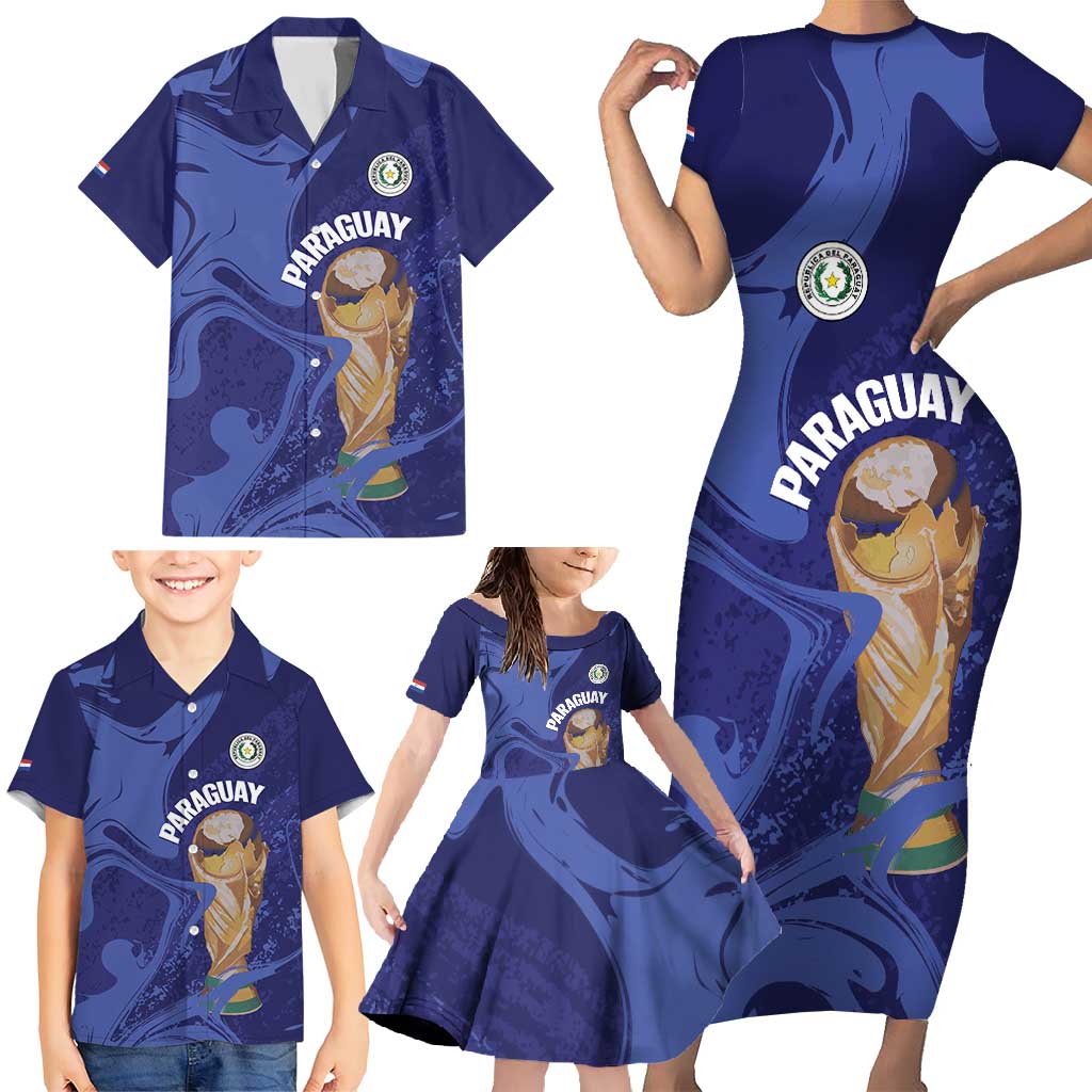 Paraguay Football Custom Family Matching Short Sleeve Bodycon Dress and Hawaiian Shirt 2026 La Albirroja Marble Pattern - Wonder Print Shop