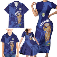 Paraguay Football Custom Family Matching Short Sleeve Bodycon Dress and Hawaiian Shirt 2026 La Albirroja Marble Pattern - Wonder Print Shop
