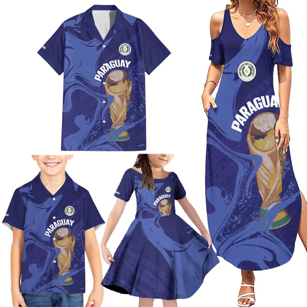 Paraguay Football Custom Family Matching Summer Maxi Dress and Hawaiian Shirt 2026 La Albirroja Marble Pattern - Wonder Print Shop