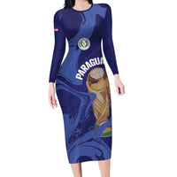 Paraguay Football Custom Long Sleeve Bodycon Dress 2026 La Albirroja Marble Pattern - Wonder Print Shop