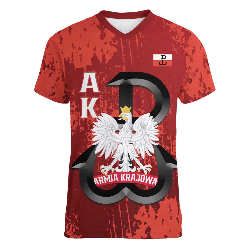 Home Army Poland Women V-Neck T-Shirt Armia Krajowa Kotwica Grunge Style
