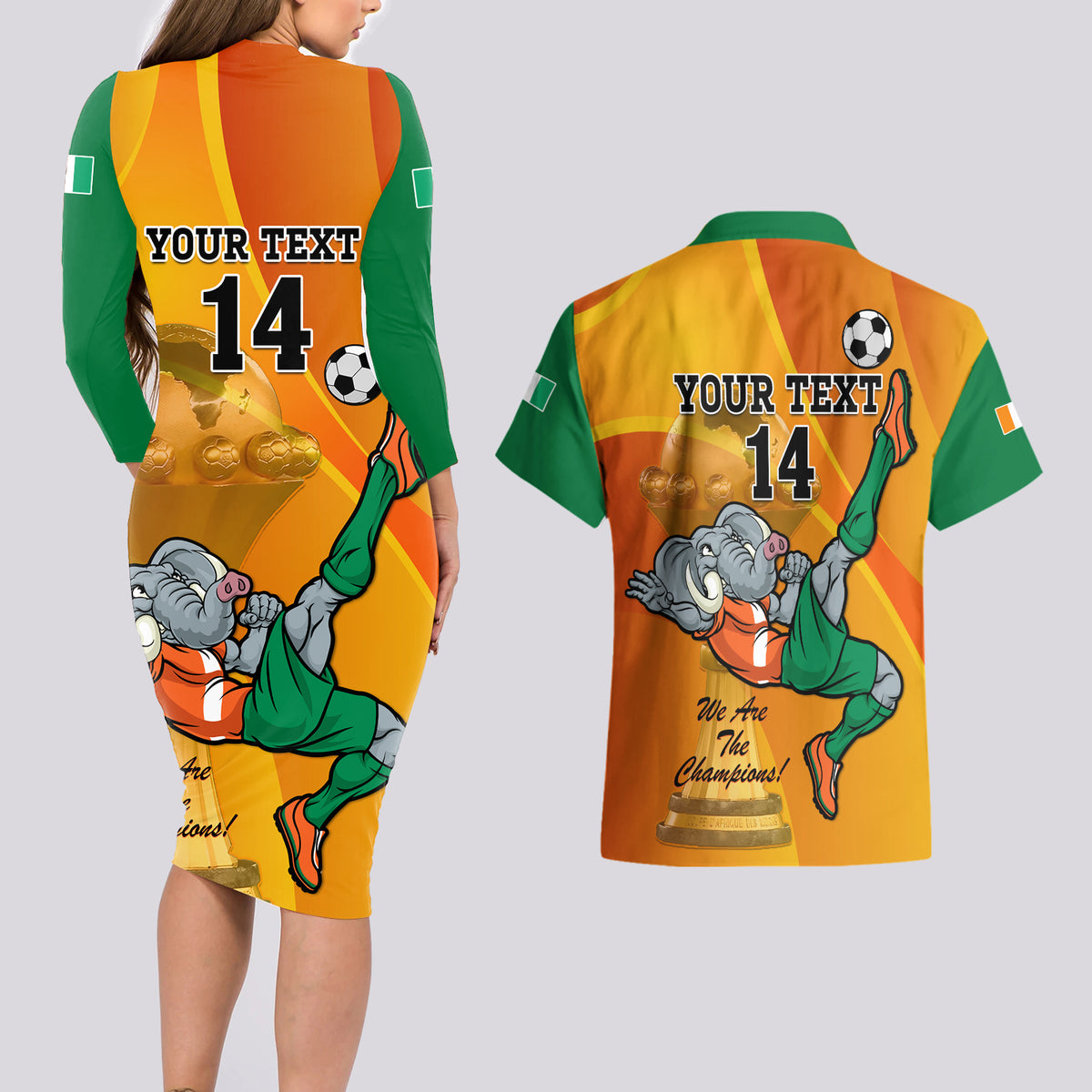Custom Ivory Coast Football Couples Matching Long Sleeve Bodycon Dress and Hawaiian Shirt 2024 Mascot With Champions Trophy - Wonder Print Shop