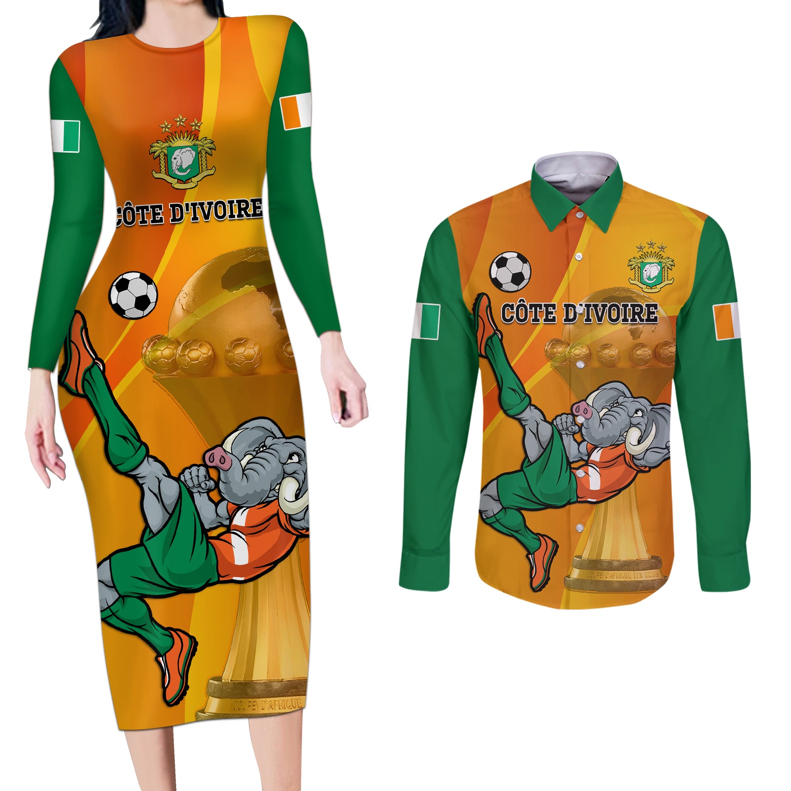 Custom Ivory Coast Football Couples Matching Long Sleeve Bodycon Dress and Long Sleeve Button Shirt 2024 Mascot With Champions Trophy - Wonder Print Shop