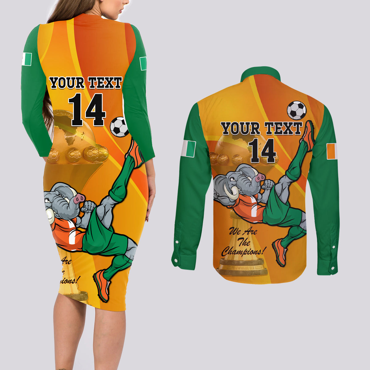 Custom Ivory Coast Football Couples Matching Long Sleeve Bodycon Dress and Long Sleeve Button Shirt 2024 Mascot With Champions Trophy - Wonder Print Shop