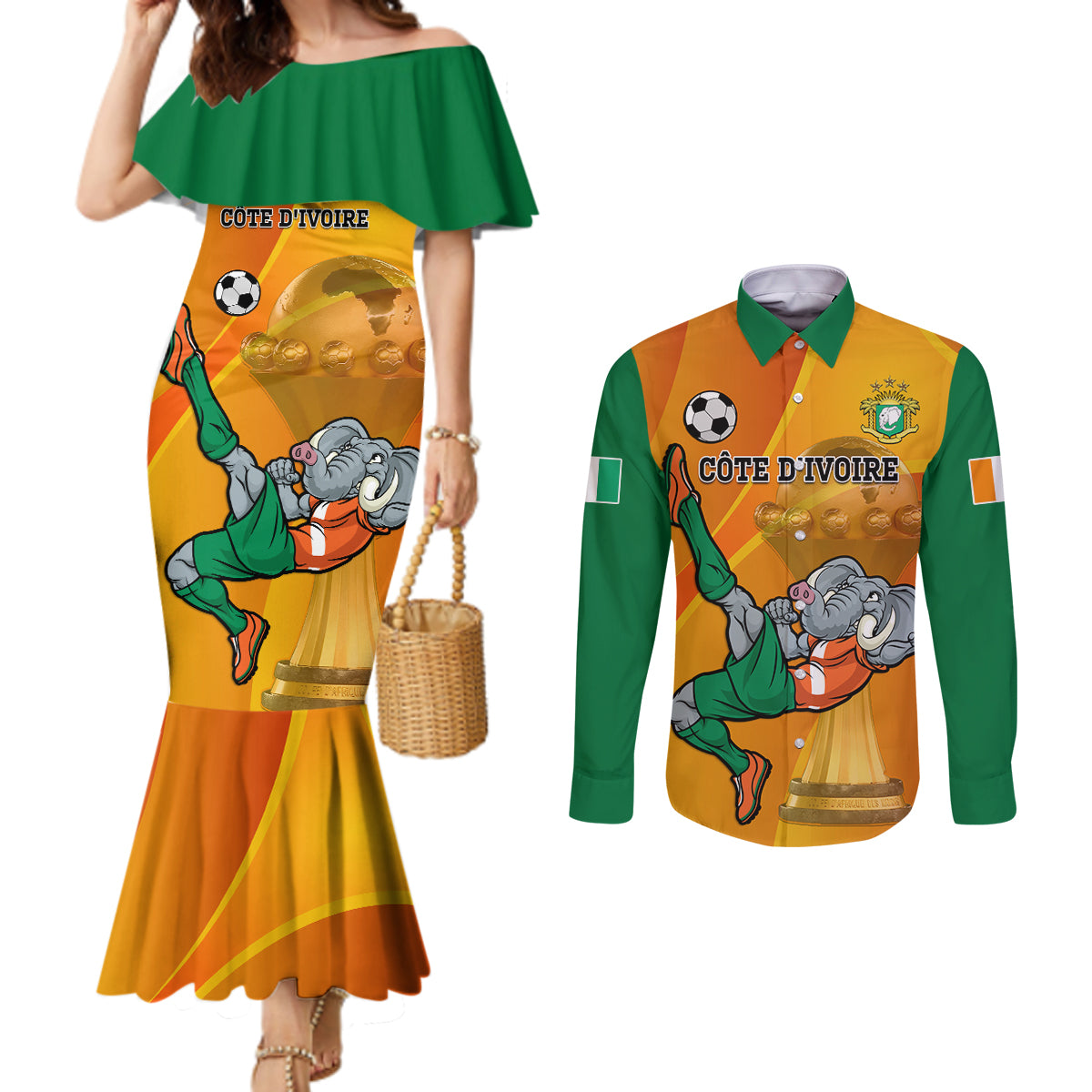Custom Ivory Coast Football Couples Matching Mermaid Dress and Long Sleeve Button Shirt 2024 Mascot With Champions Trophy