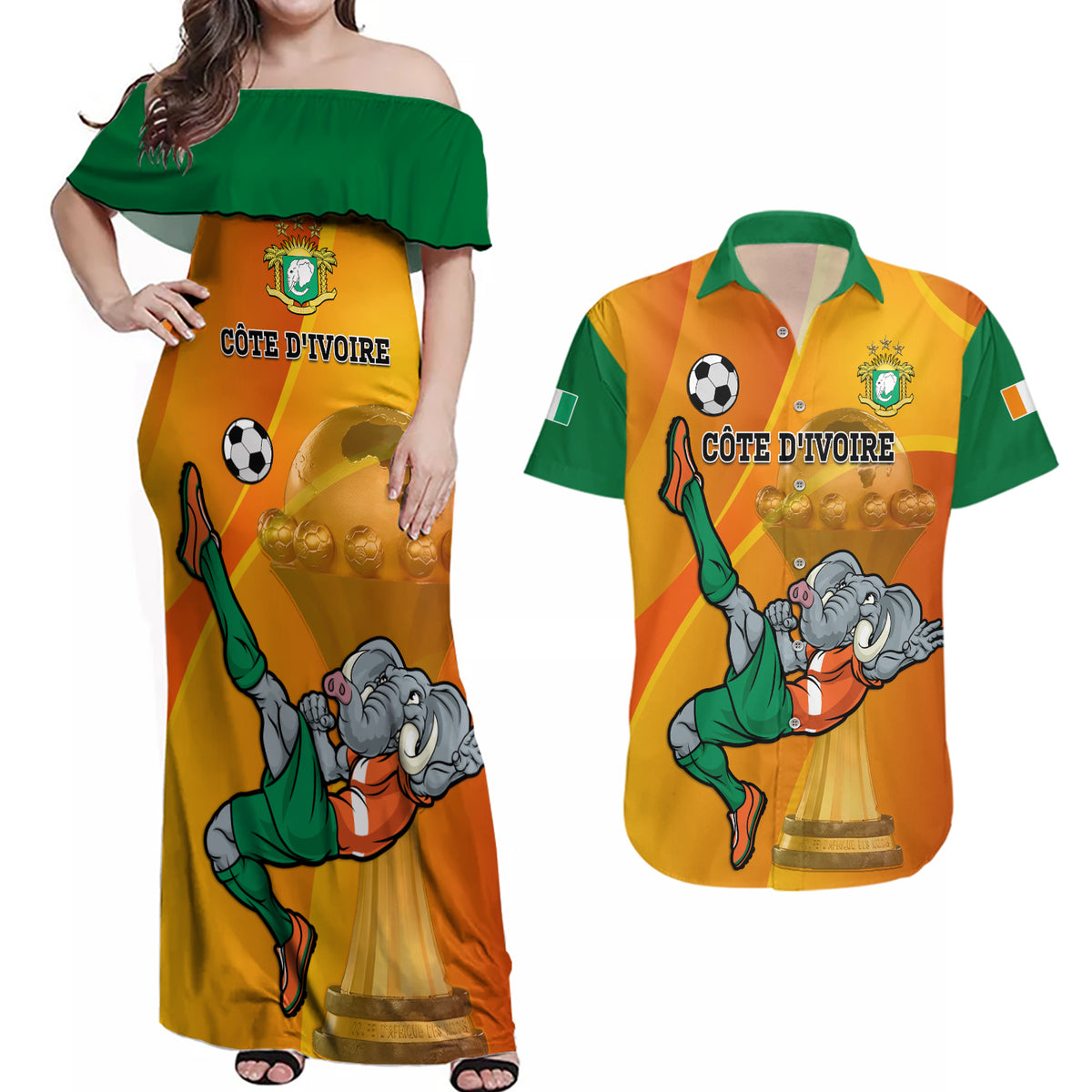 Custom Ivory Coast Football Couples Matching Off Shoulder Maxi Dress and Hawaiian Shirt 2024 Mascot With Champions Trophy - Wonder Print Shop