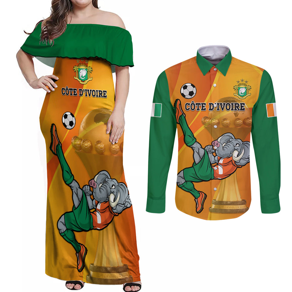 Custom Ivory Coast Football Couples Matching Off Shoulder Maxi Dress and Long Sleeve Button Shirt 2024 Mascot With Champions Trophy - Wonder Print Shop