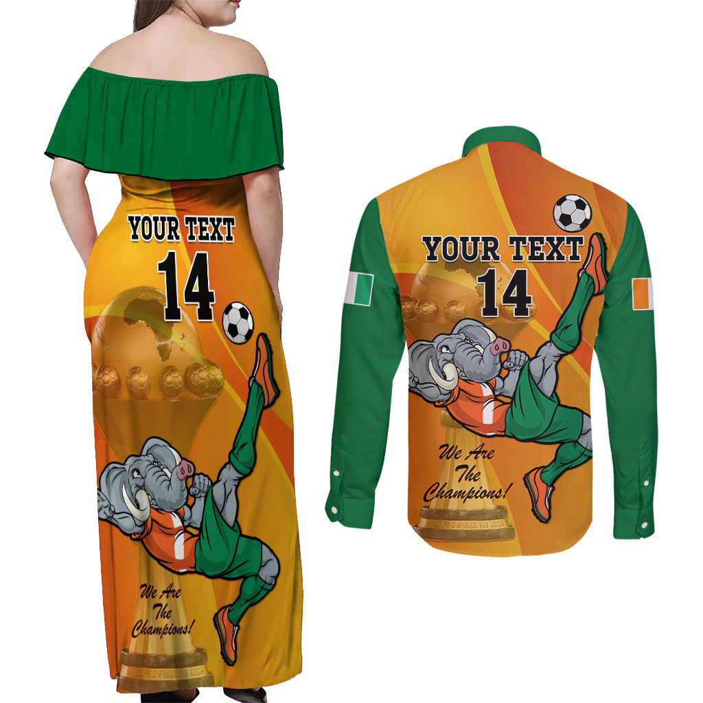 Custom Ivory Coast Football Couples Matching Off Shoulder Maxi Dress and Long Sleeve Button Shirt 2024 Mascot With Champions Trophy - Wonder Print Shop
